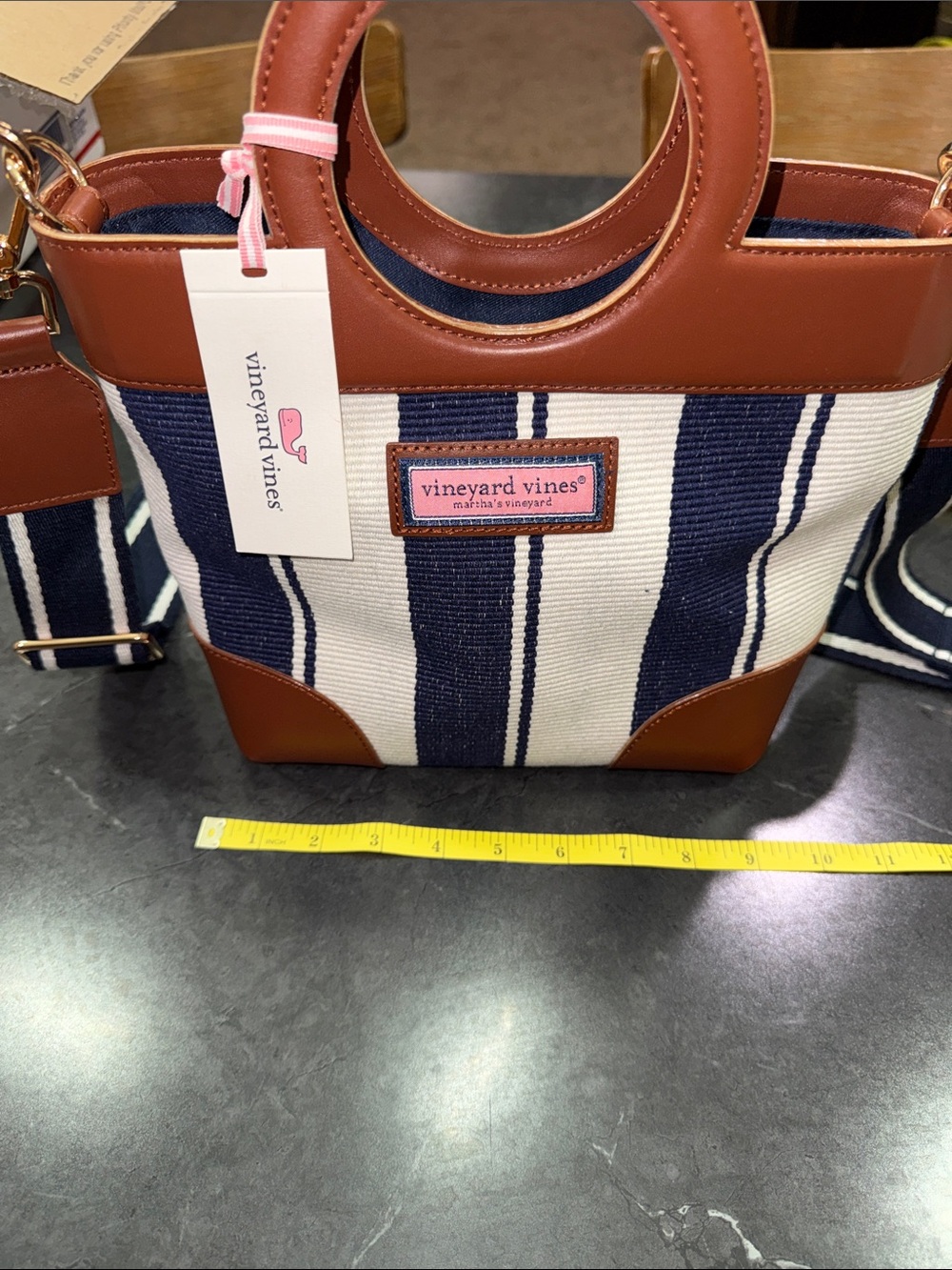 Vineyard Vines Navy & White Striped Tote with Brown Trim